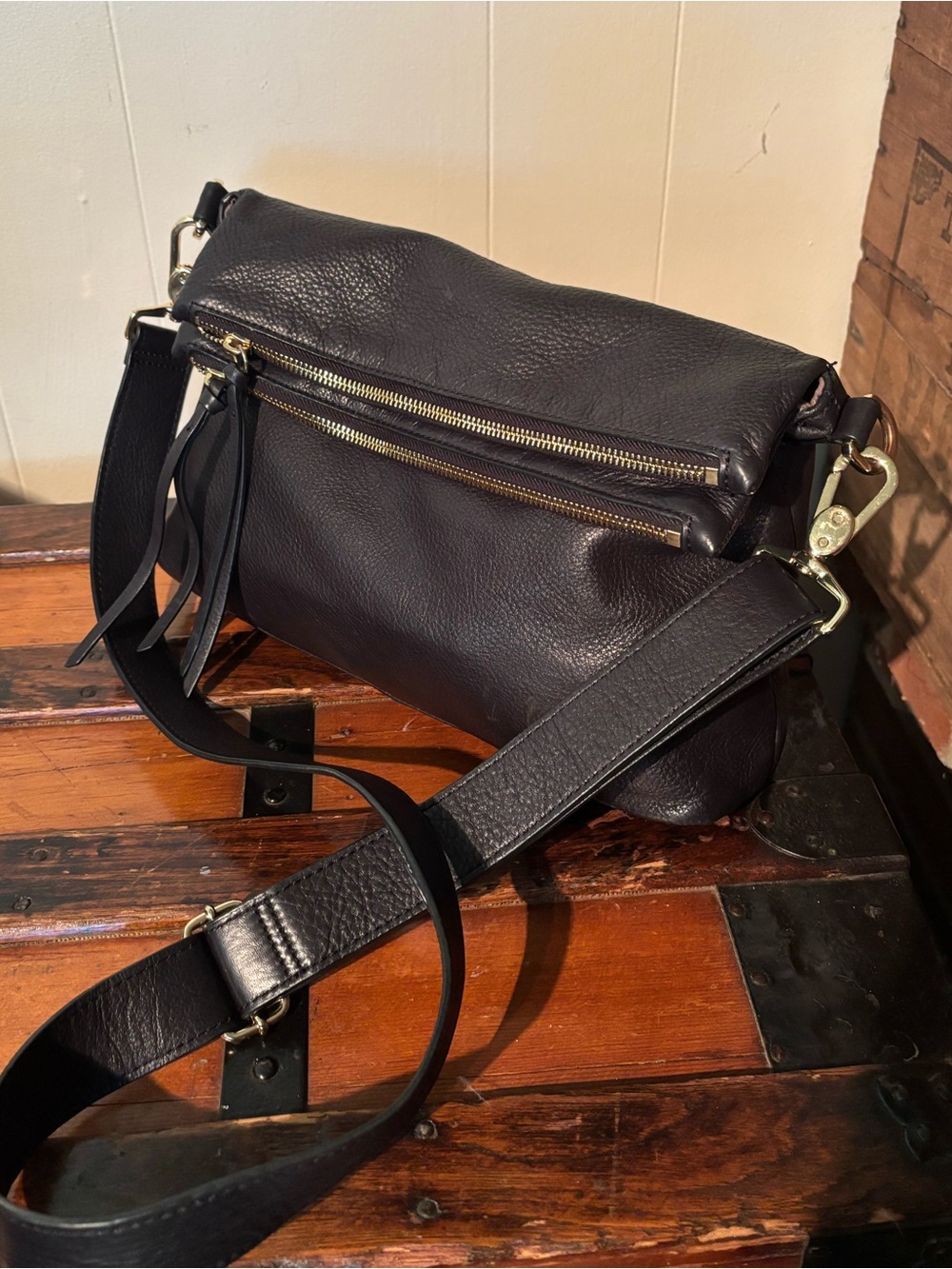 MARGOT New York leather crossbody ZIPPER FLAP POCKETS black